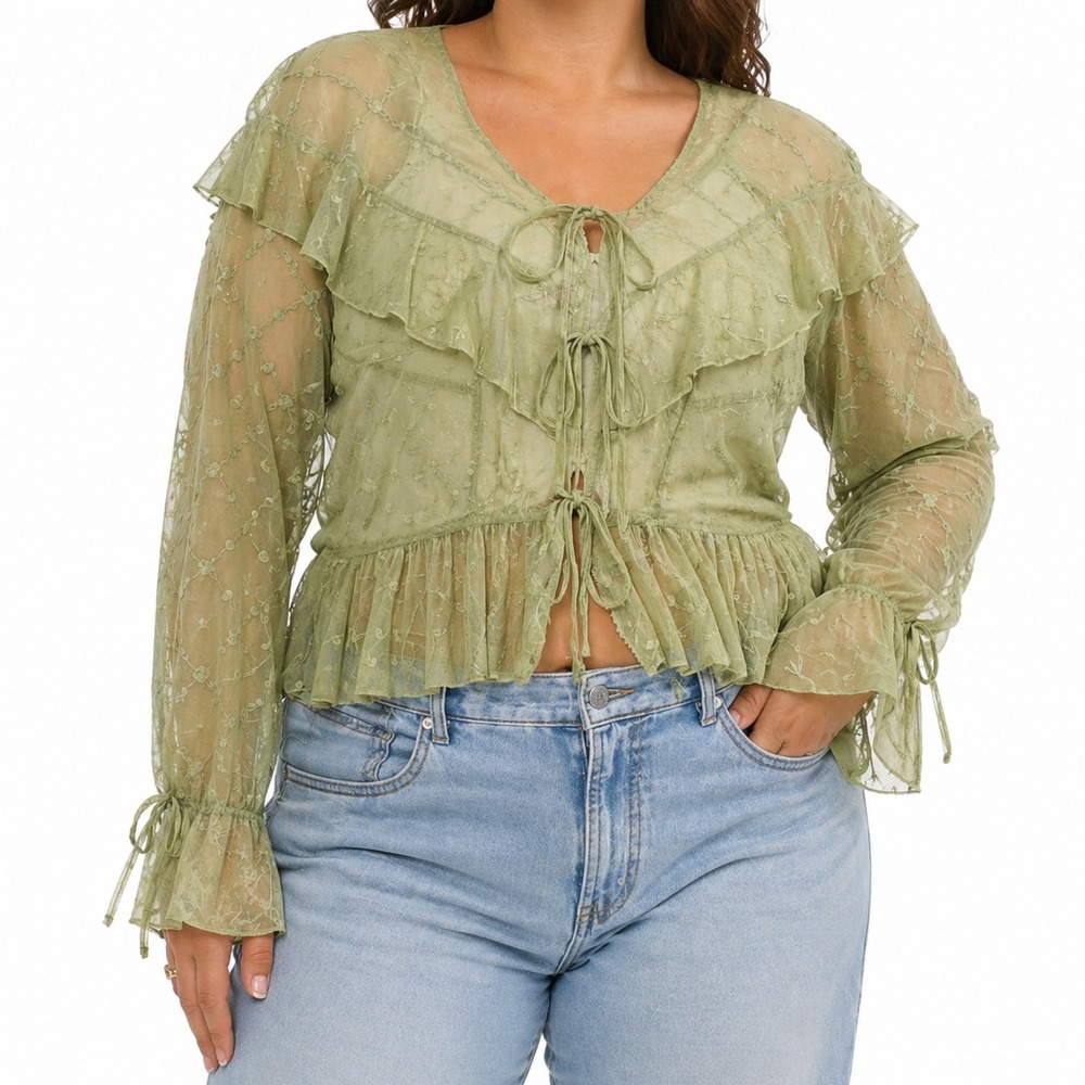 American Eagle Green Mesh Blouse XL Tie Front Floral Embroidered Ruffle Sheer